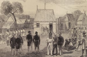 Recepción de oficiales navales británicos por el gobernador nativo de Mohabo, Madagascar, de The Illustrated London News, 26 de noviembre de 1881 de English School